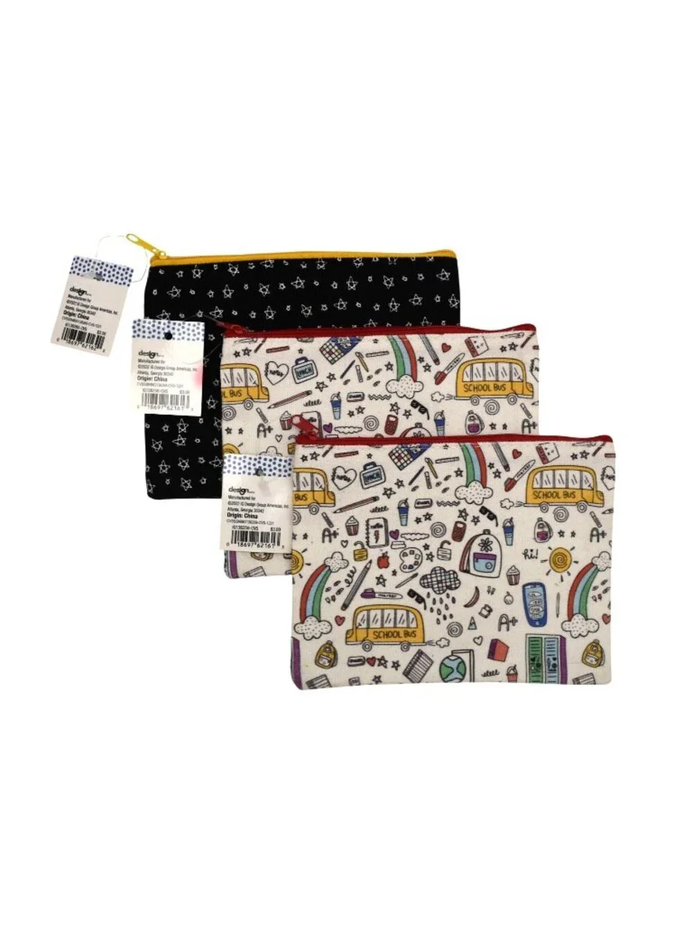 3 Pencil Pouches School Bus Star Patterns Zipper Makeup Cosmetic Bag Set New